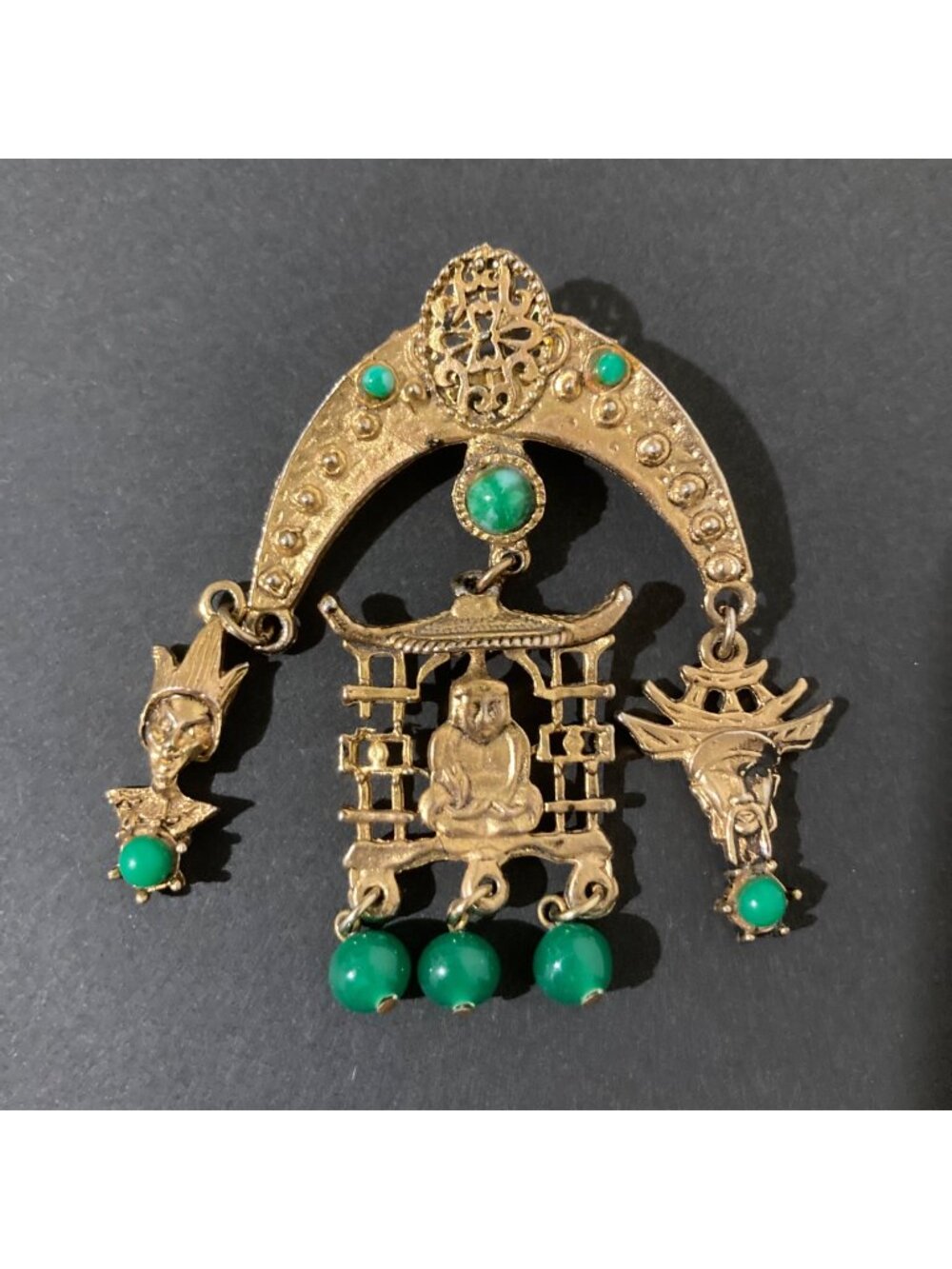 Ancient Chinese Buddha Temple Scene Gold Tone And Green Brooch